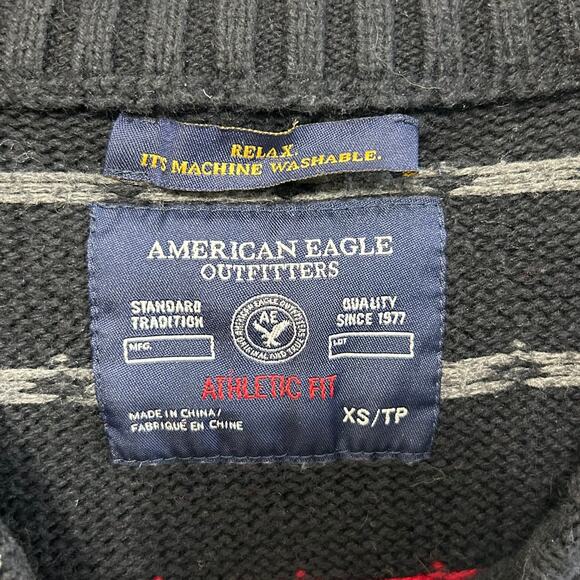 American Eagle Fair Isle Nordic Sweater Men's Sz XS Navy Rabbit Hair Retro Cabin - Picture 3 of 6
